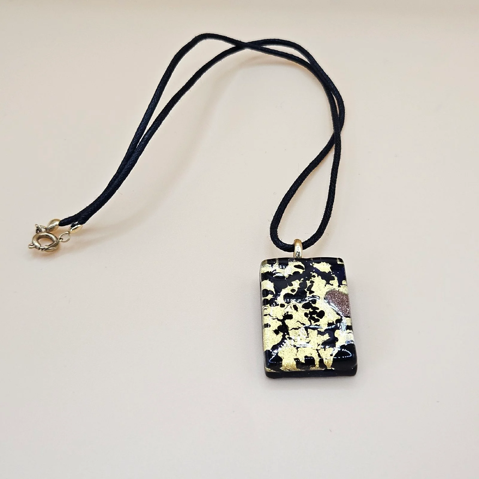 Murano Glass Gold Foil Pendant Necklace Black Cord Rectangular Cocktail Evening