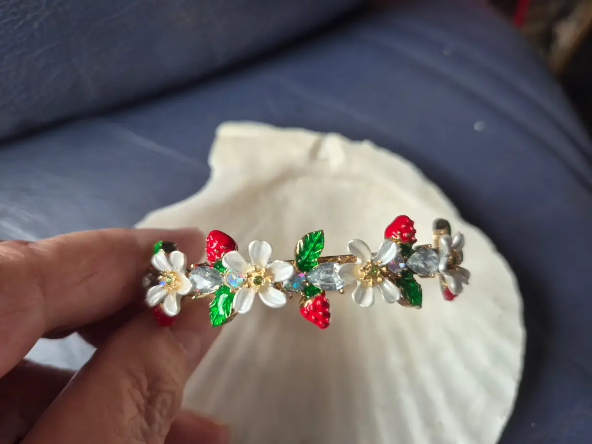 Betsey J enamel strawberry, leaf and flowers on gold bracelet bangle