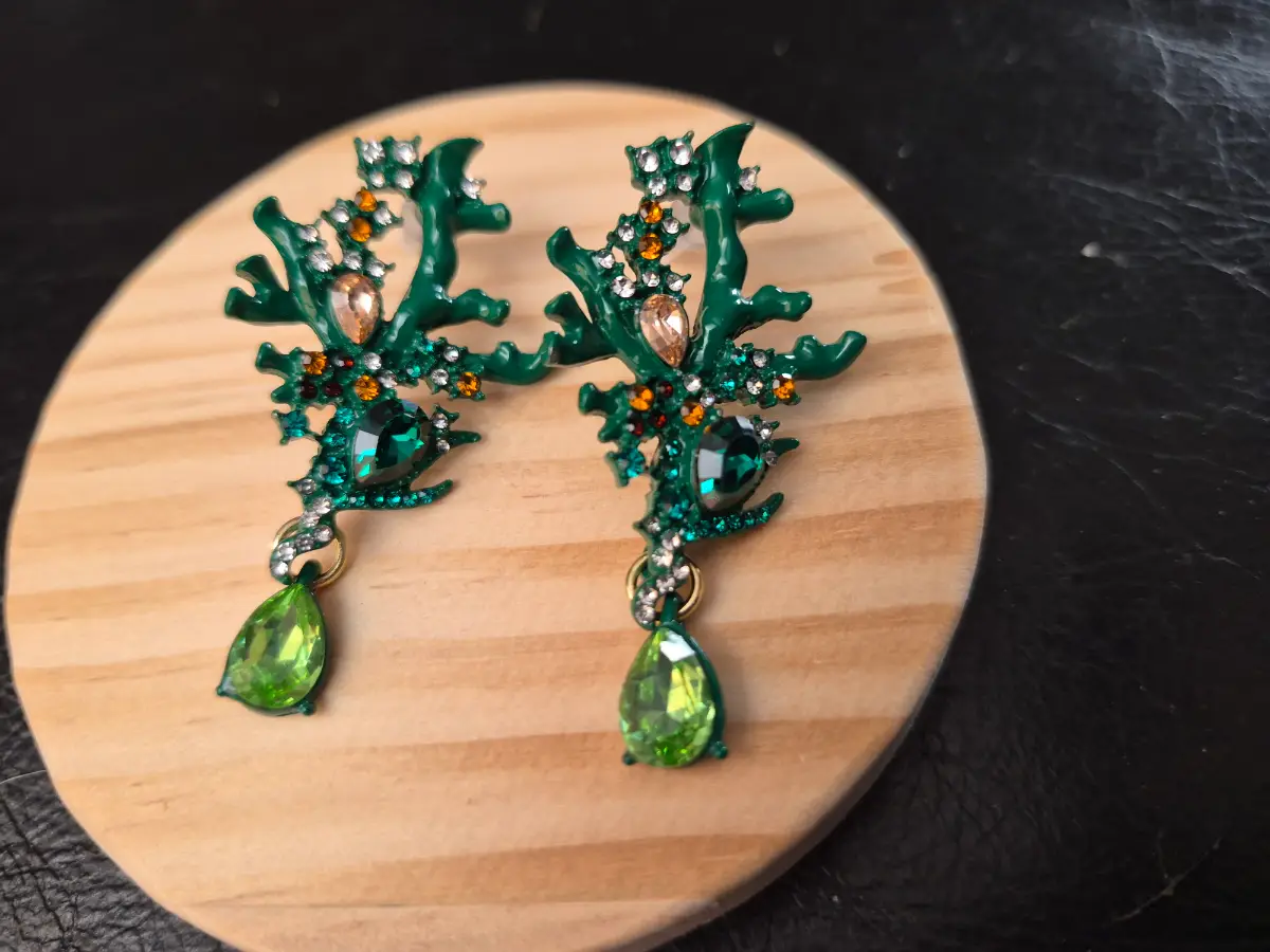 Statement green enamel French design coral shaped earr8ngs with zirconia accents