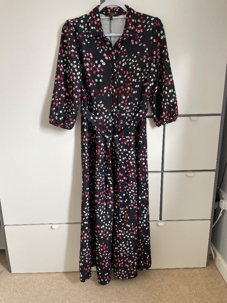 Lipsy Black Ditsy Floral Maxi Shirt Dress Size 10