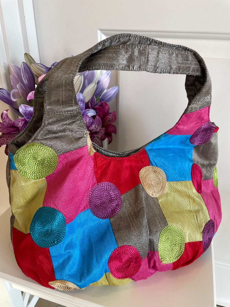 Silver Multi Colour Fabric Handbag
