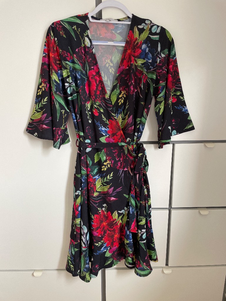 Next Black Tropical Floral Wrap Dress Size 10
