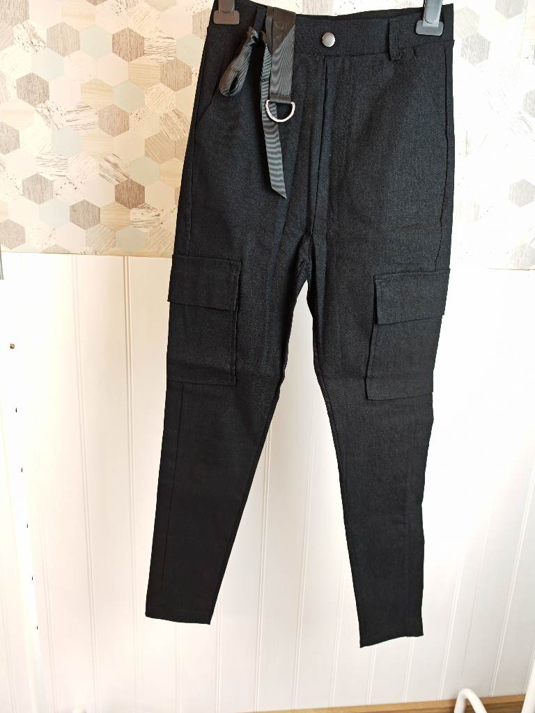 Nuofengkudu Black Stretchy Cargo Trousers Women 4 Pockets Elasticated Skinny Leg | Size S