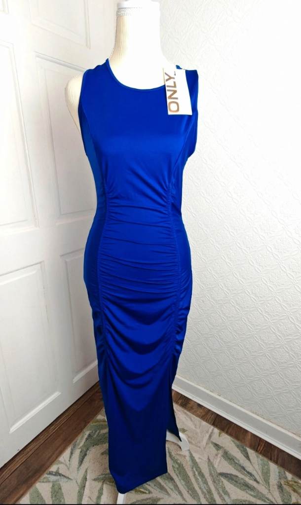 ONLY ruched maxi dress with side split in bright blue • Size S