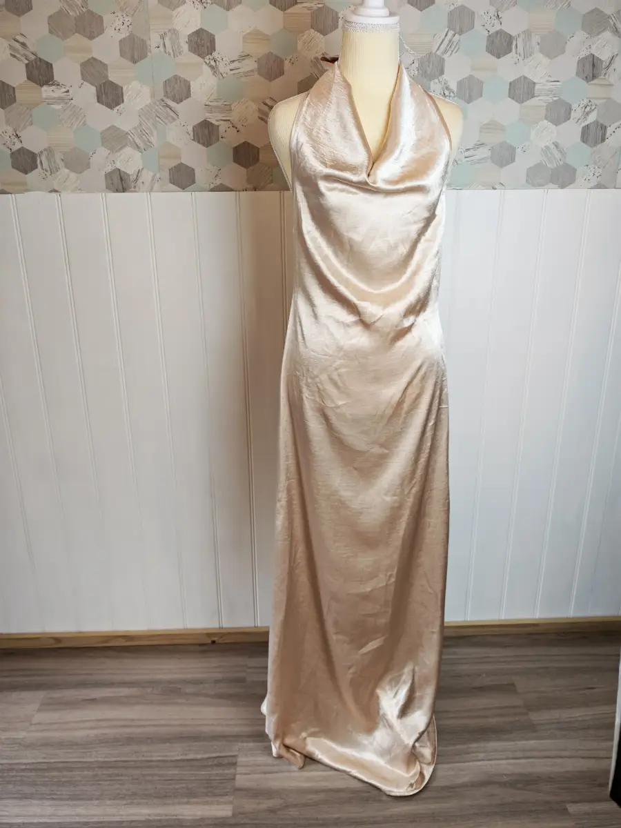 Shein Franclia Elegant Satin Apricot Dress draped neck and tie-back halter design | Size M