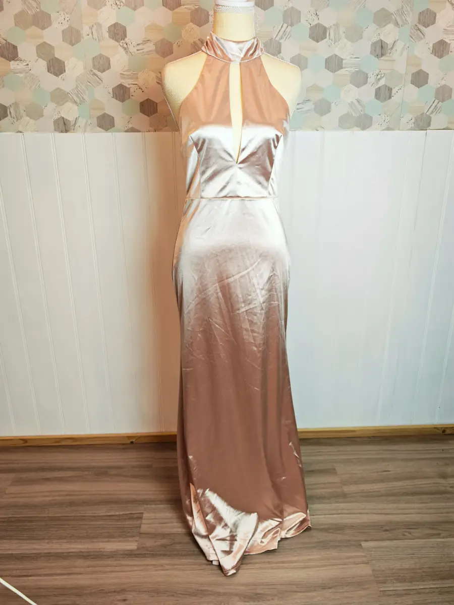 Shein Satin Halterneck Split Detail Maxi Dress in beige/gold colour | Size M