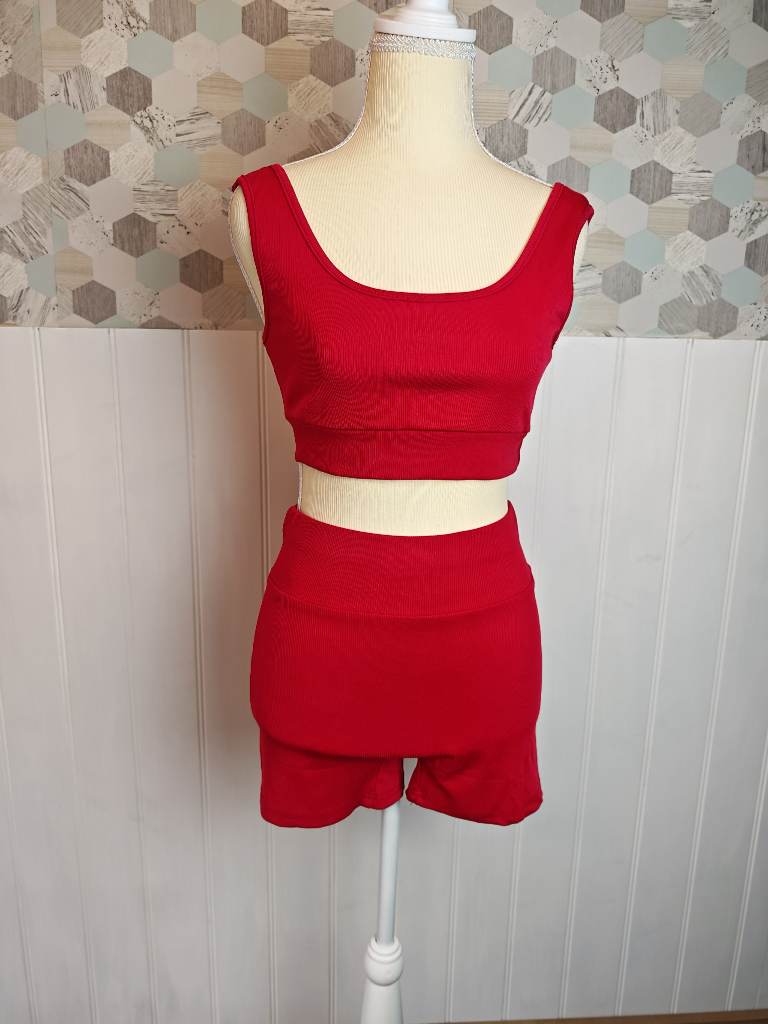 Red Mini Crop Top and Shorts Co-ord Set  | Size M