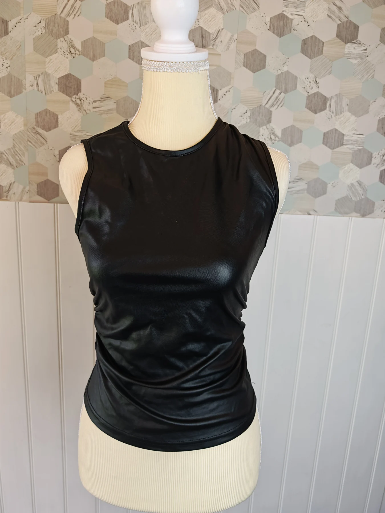 Shein Women Summer Solid PU Leather Pleated Slim Fit Tank Top | Size S