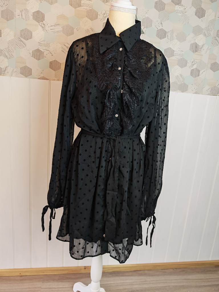 River Island 80's Vintage Black Cocktail Mini Dress Long Sleeve and cascading lace | Size 10