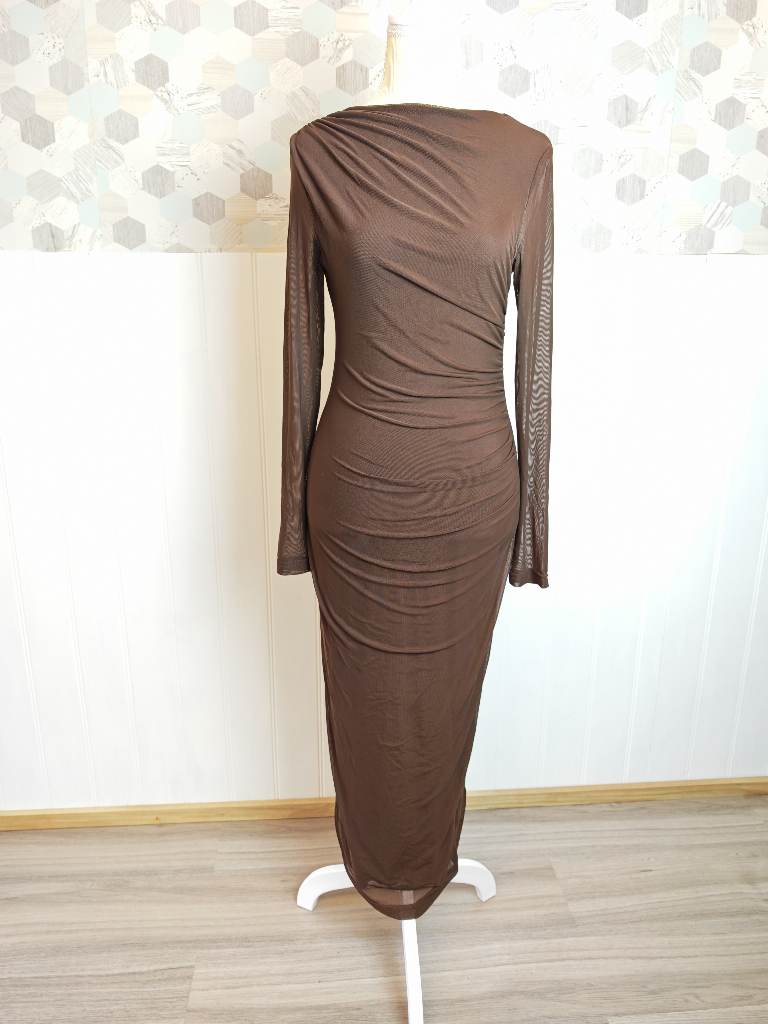 Shein ruched long sleeve bodycon midi dress in brown colour| Size S