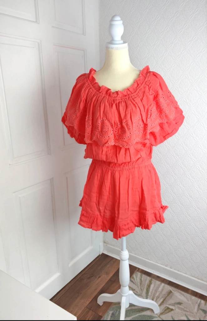 V by Very Coral Bardot Broderie Frill Playsuit | Size 14