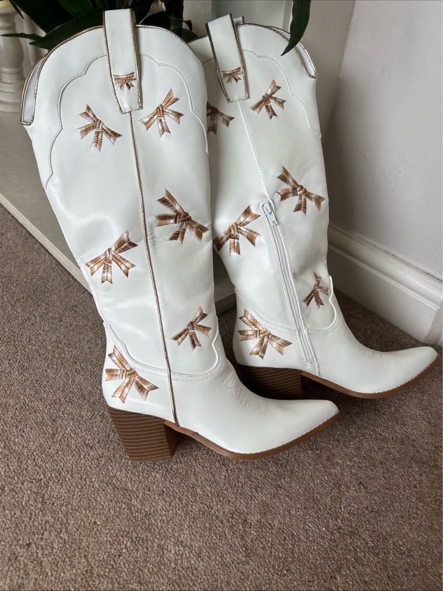 Ladies white knee high cowboy boots