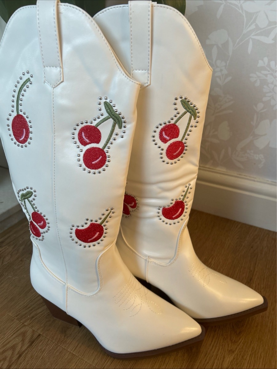 Ladies white cherry midcalf cowboy boots