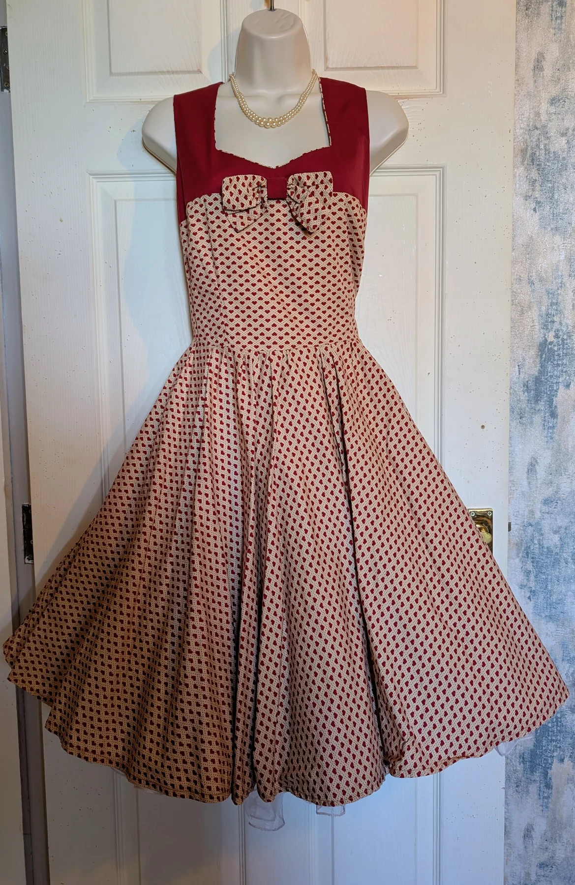 heart print cotton fabric Retro'50s style full circle bow detail dress sz 14