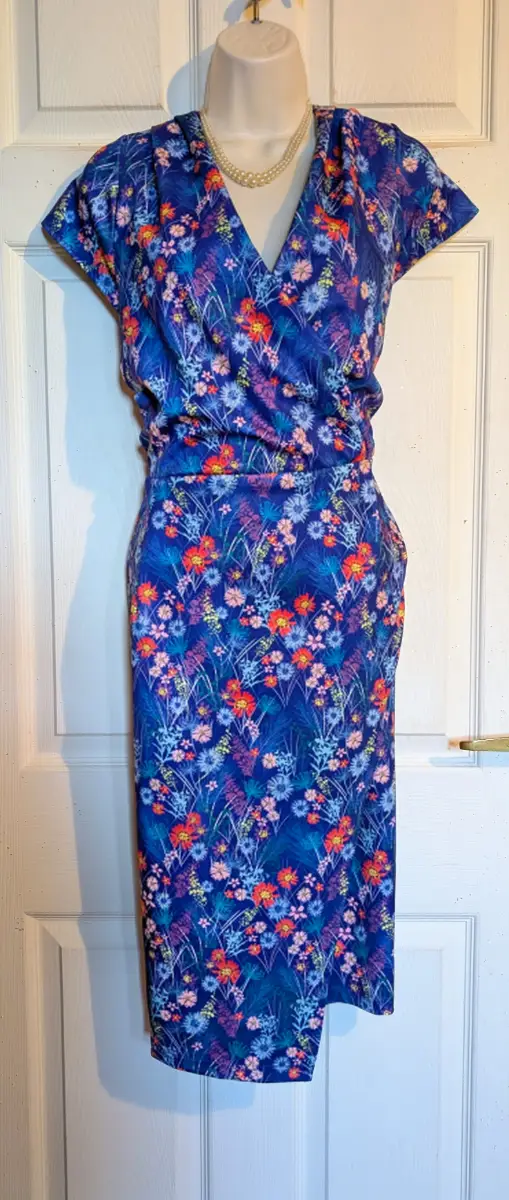 Lindy Bop Georgiana floral Retro 50s faux wrap Style Pencil Dress  Sz 14 occasions party