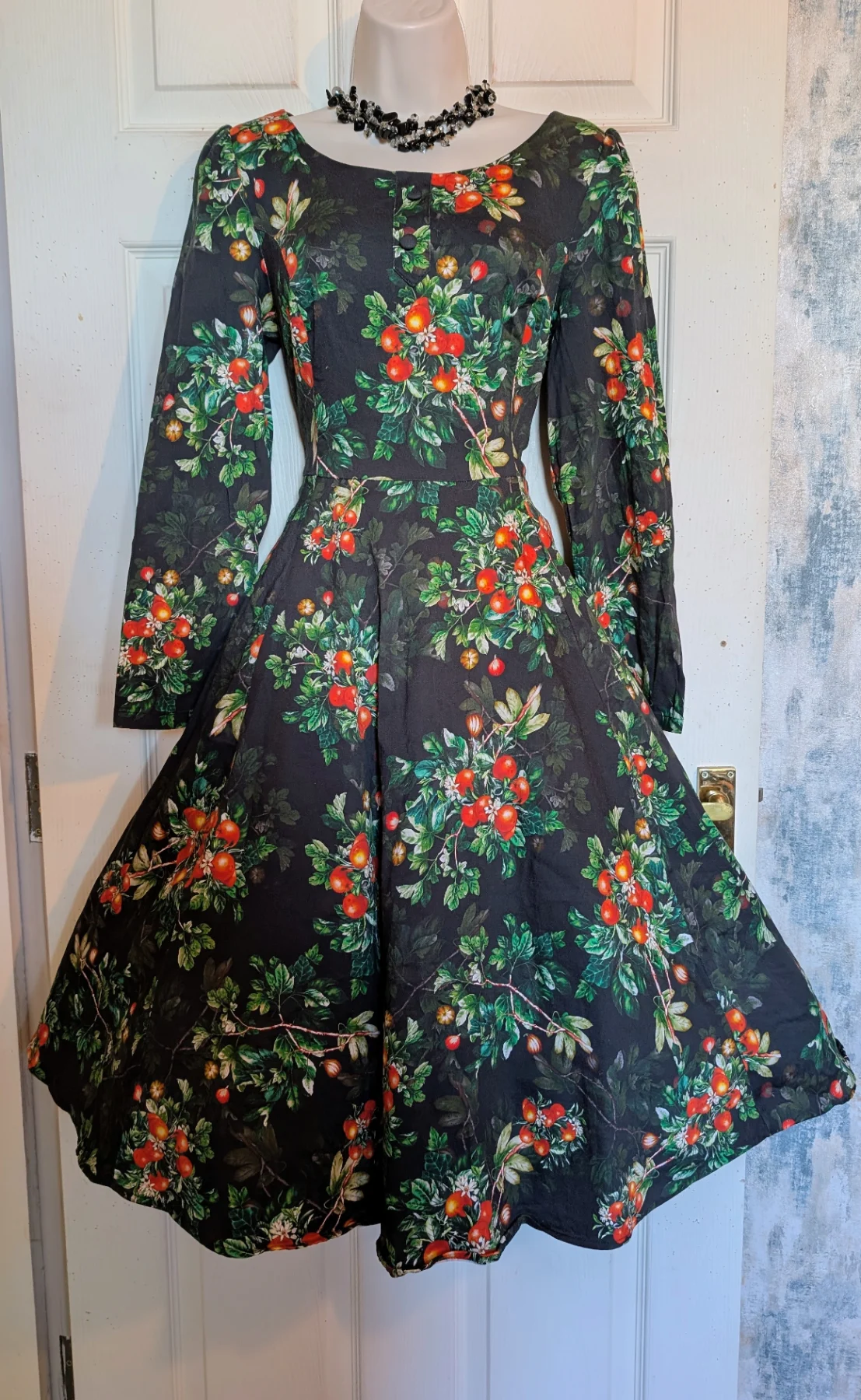 BNWT Autumn fruit print cotton stretch Retro'50s style full flare dress  sz 14