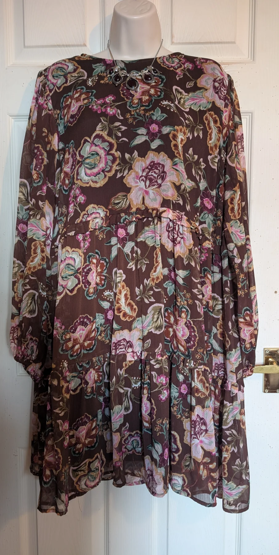 lovely Autumn floral relaxed drop waist oversized fit ruffle tiered Dress Sz 20