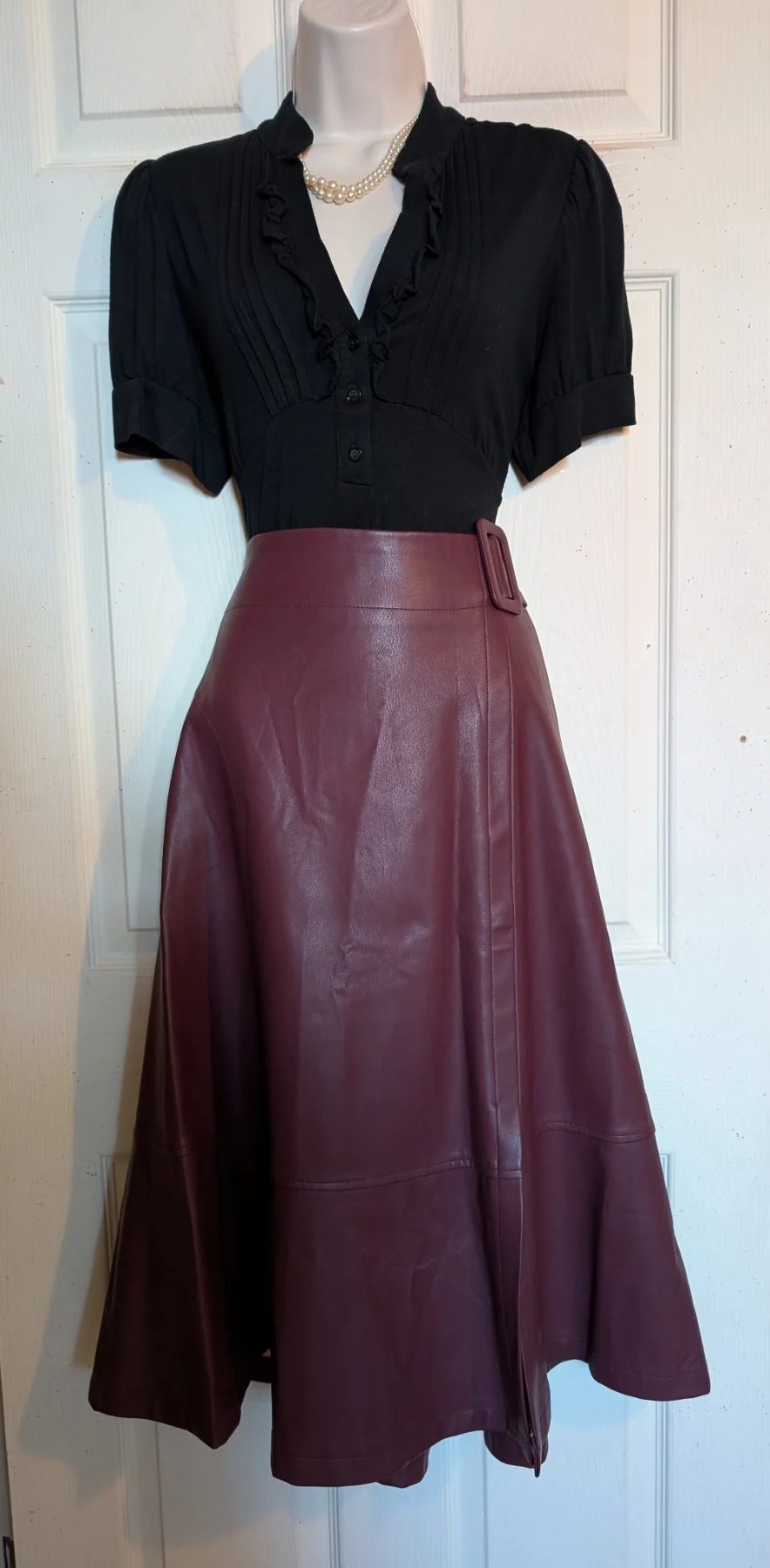BNWT Monsoon plum faux leather Autumn Boho 70s style flared midi skirt sz 10