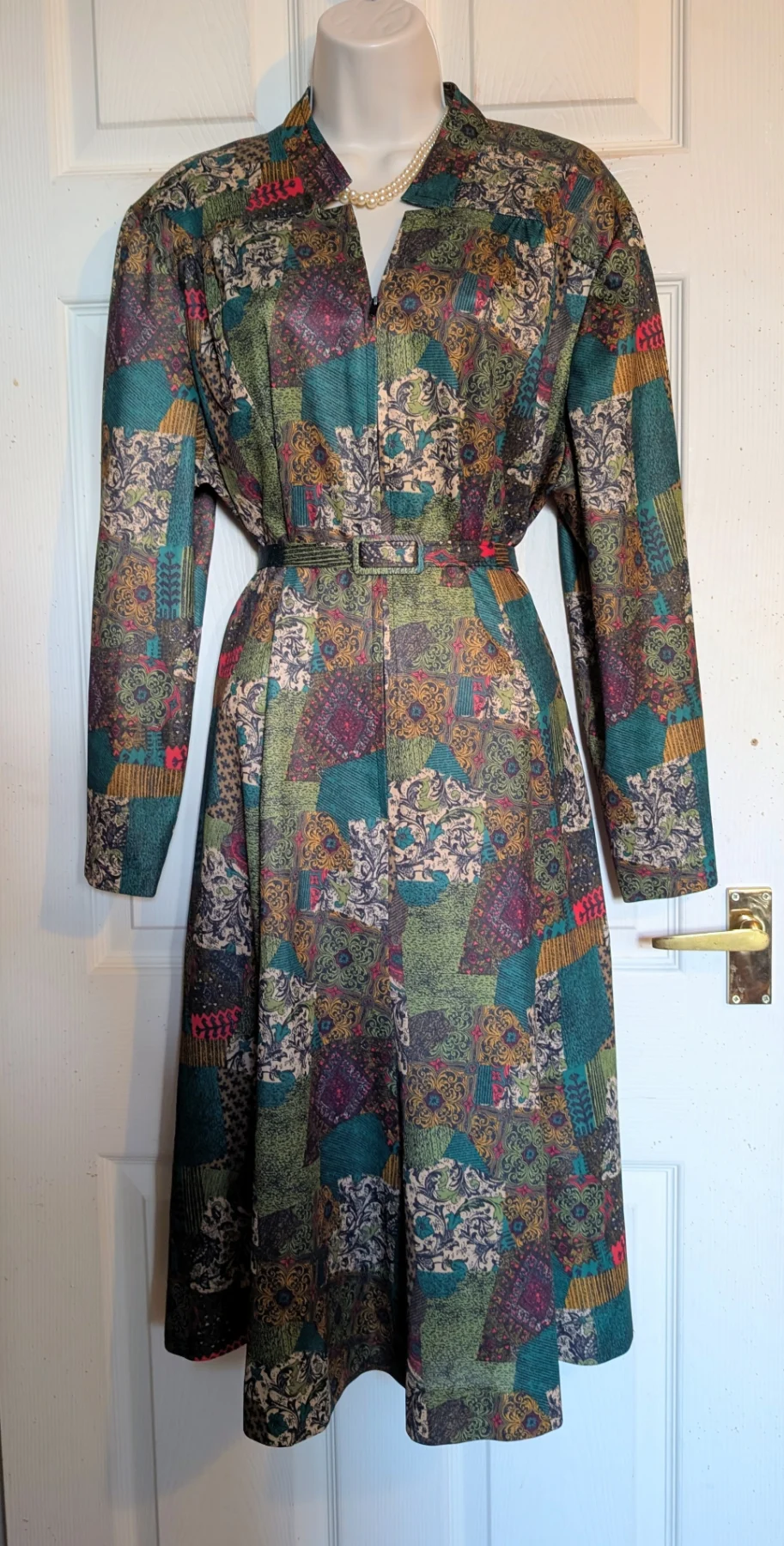 Vintage 1970s/80s Norman Linton Autumn patchwork print belted Tea Dress sz 18/20