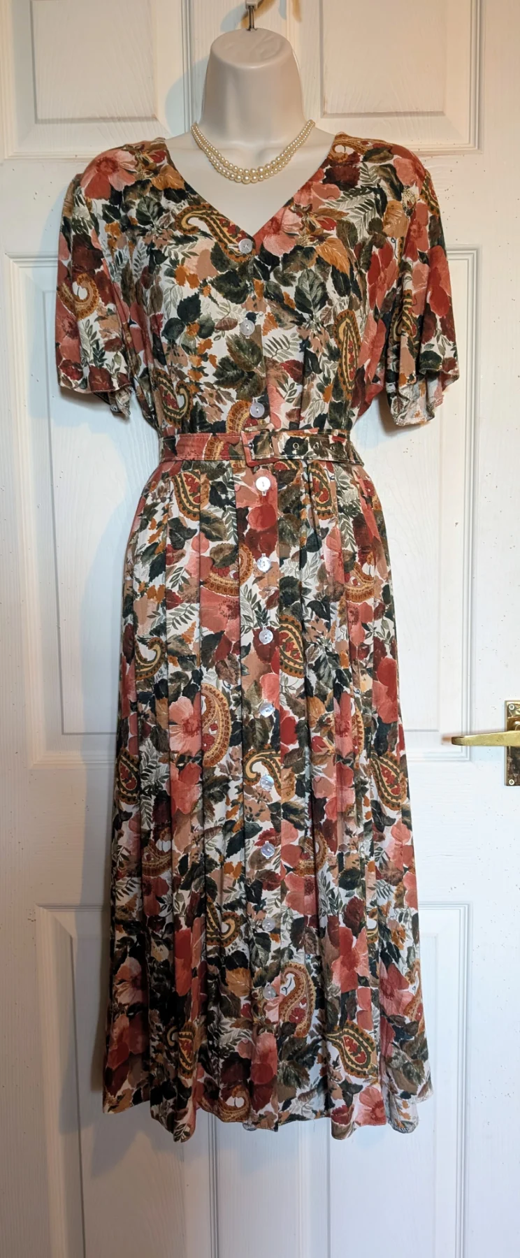 Vintage Debenhams Autumn leaves 30s/40s Style midi Tea Dress sz 10 - Goodwood