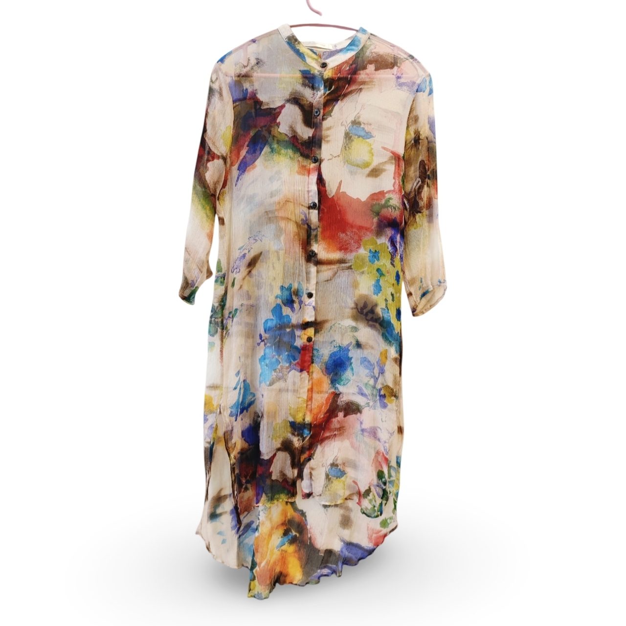 100% Mulberry Silk Watercolour Floral Dress UK 8-10 Sheer Lightweight