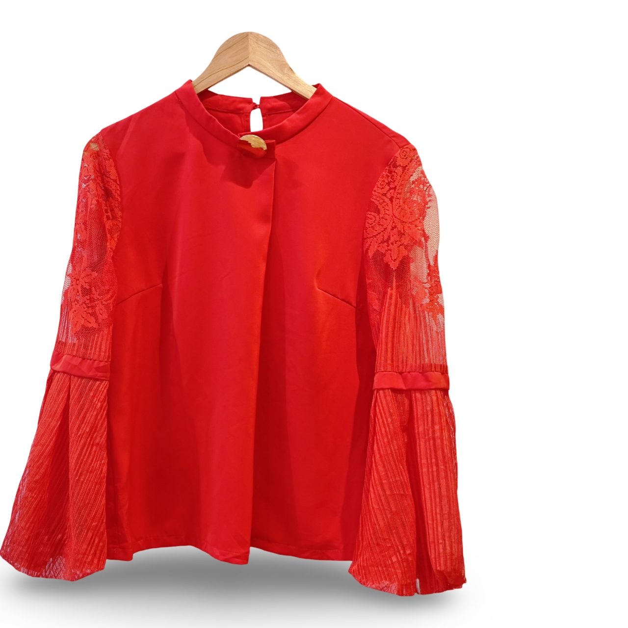 Red Lace Sleeve Blouse Ruffle Cuffs Long Sleeve Womens UK 10-12