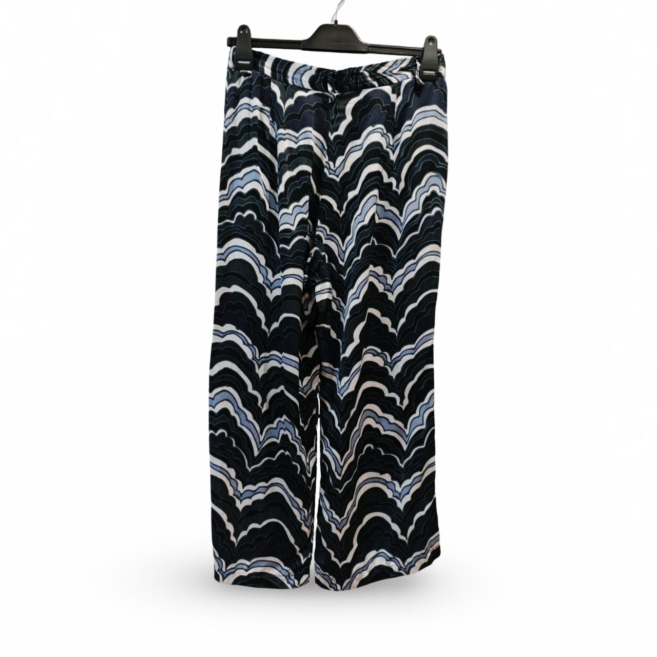 Vintage 100% Pure Silk Black, White & Blue Wavy Print Trousers size 10