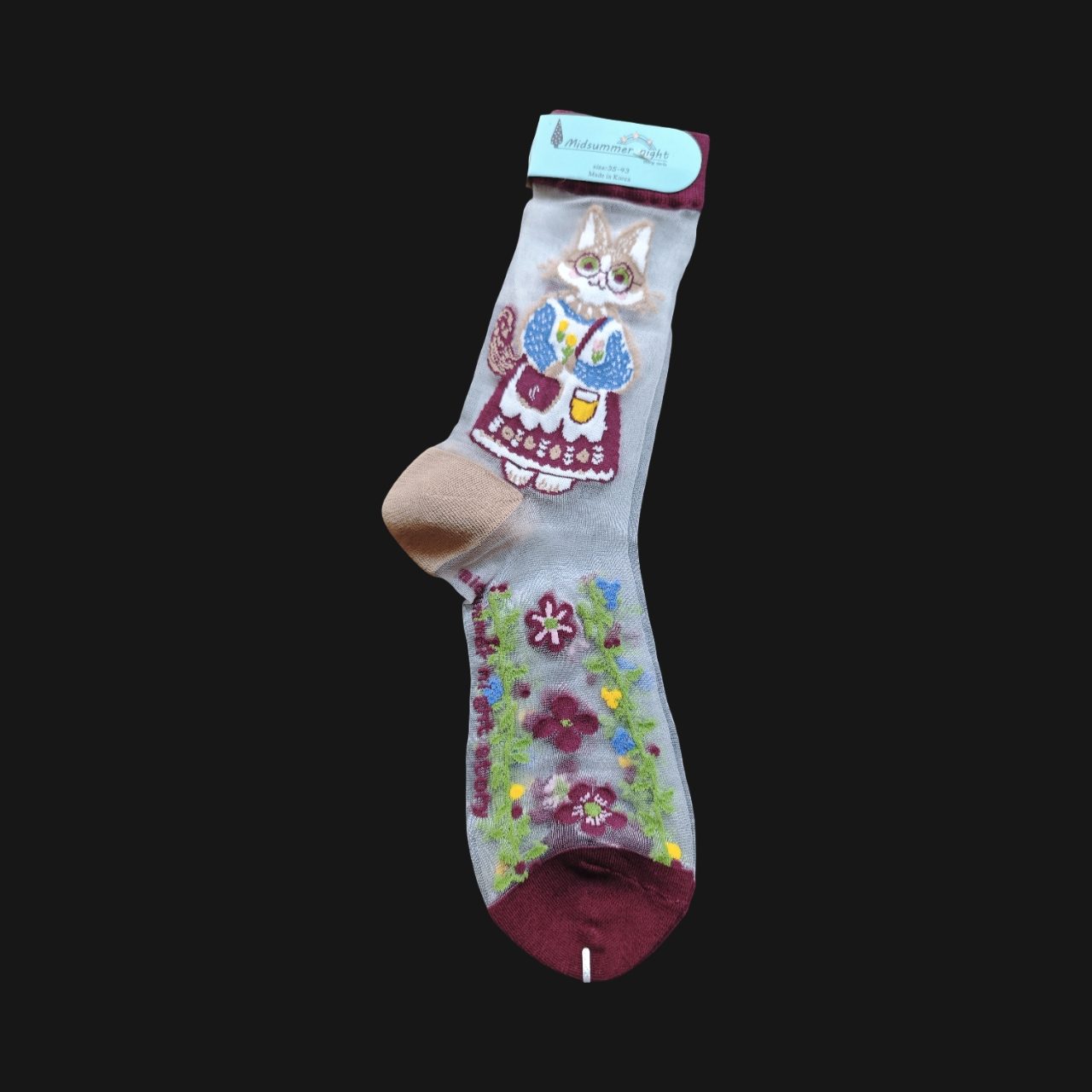 Mediocre Girl Sheer Cat Embroidered Socks UK 3–5