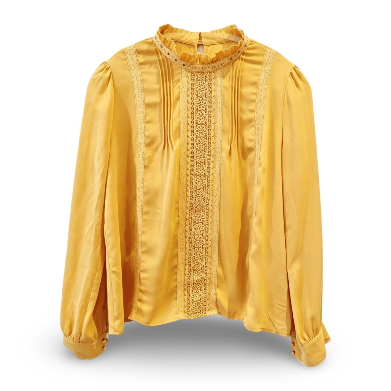 Vintage Ginger Yellow Lace Trim Ruffle Collar Blouse UK 10–12 Long Sleeve