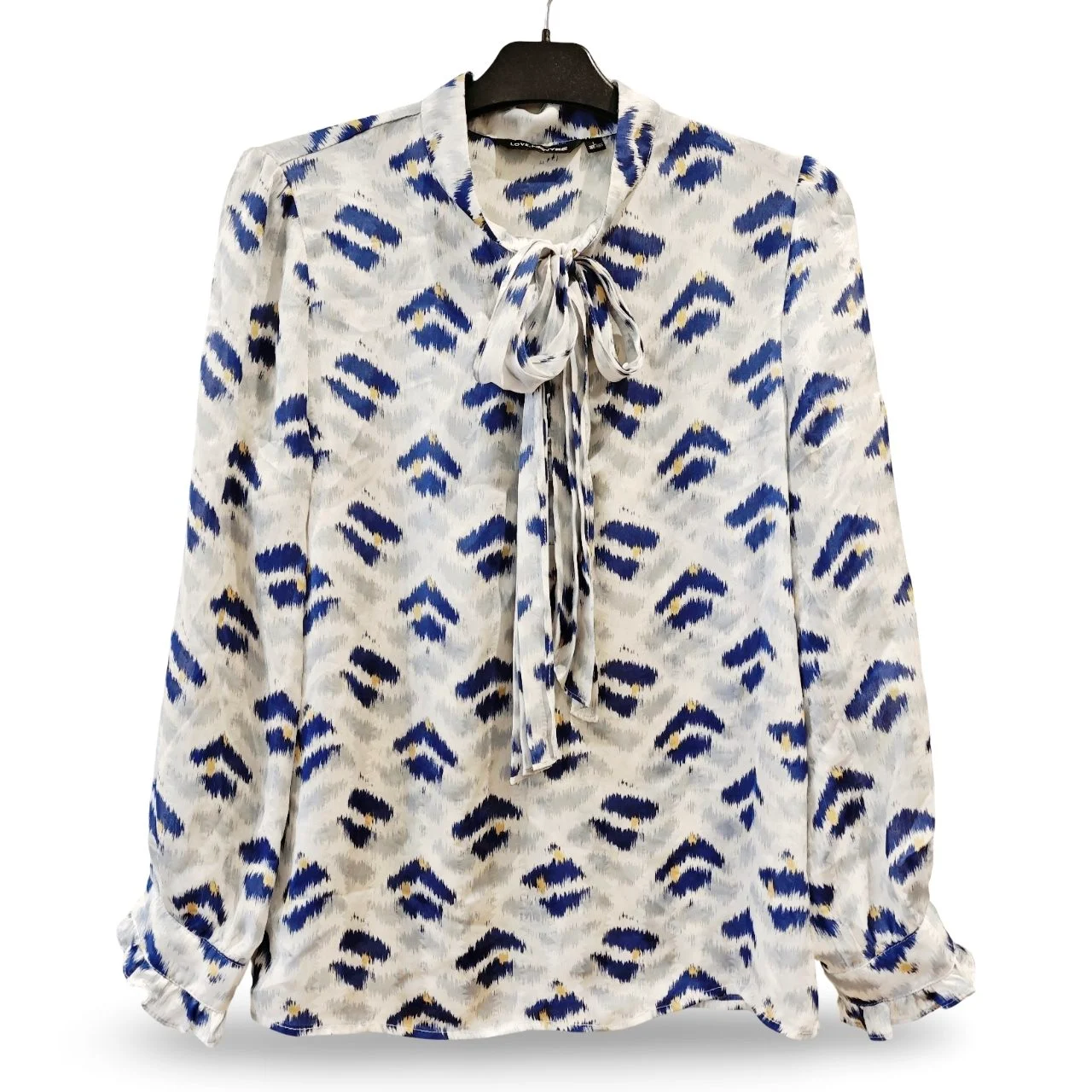 Vintage White & Blue Ikat Print Tie Neck Blouse UK 10-12 Long Sleeve