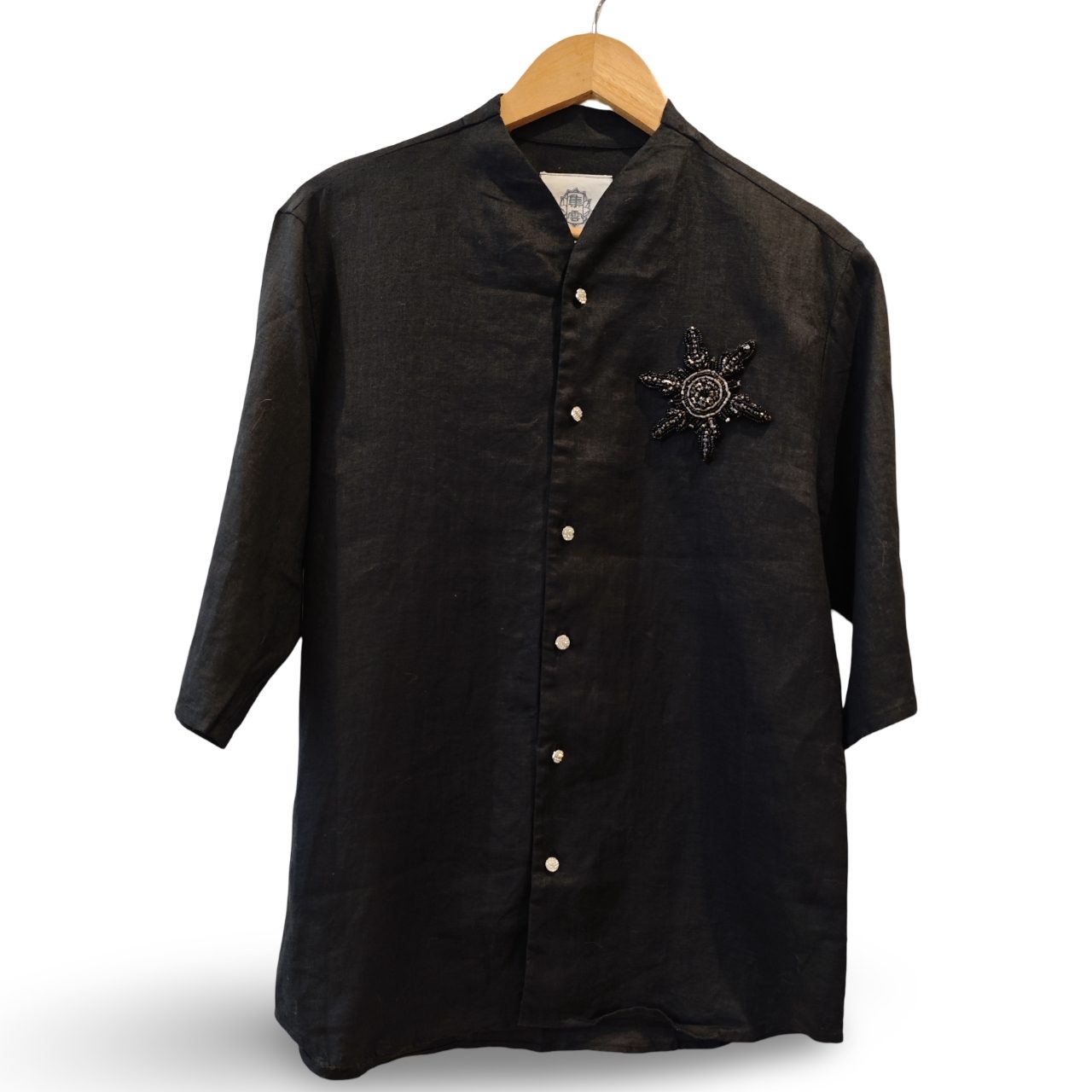 Black Linen Shirt Embroidered Star Unisex Relaxed Fit UK 12 New