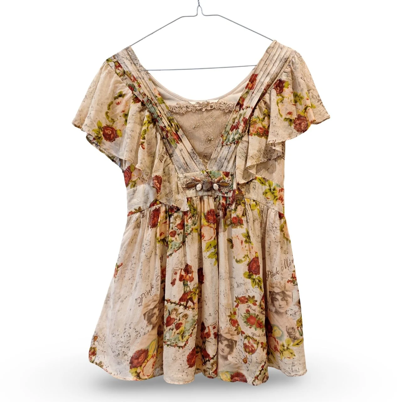 Vintage 100% Mulberry Silk Cream Floral Top UK 6 Cottagecore Blouse