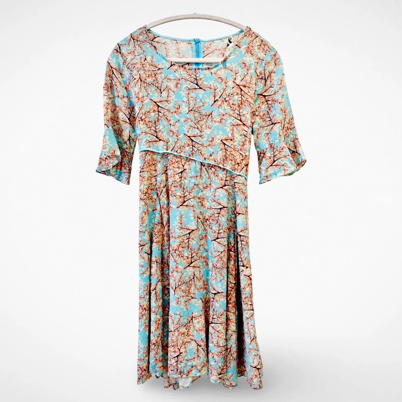 100% Mulberry Silk Blue Cherry Blossom Dress UK 6-8