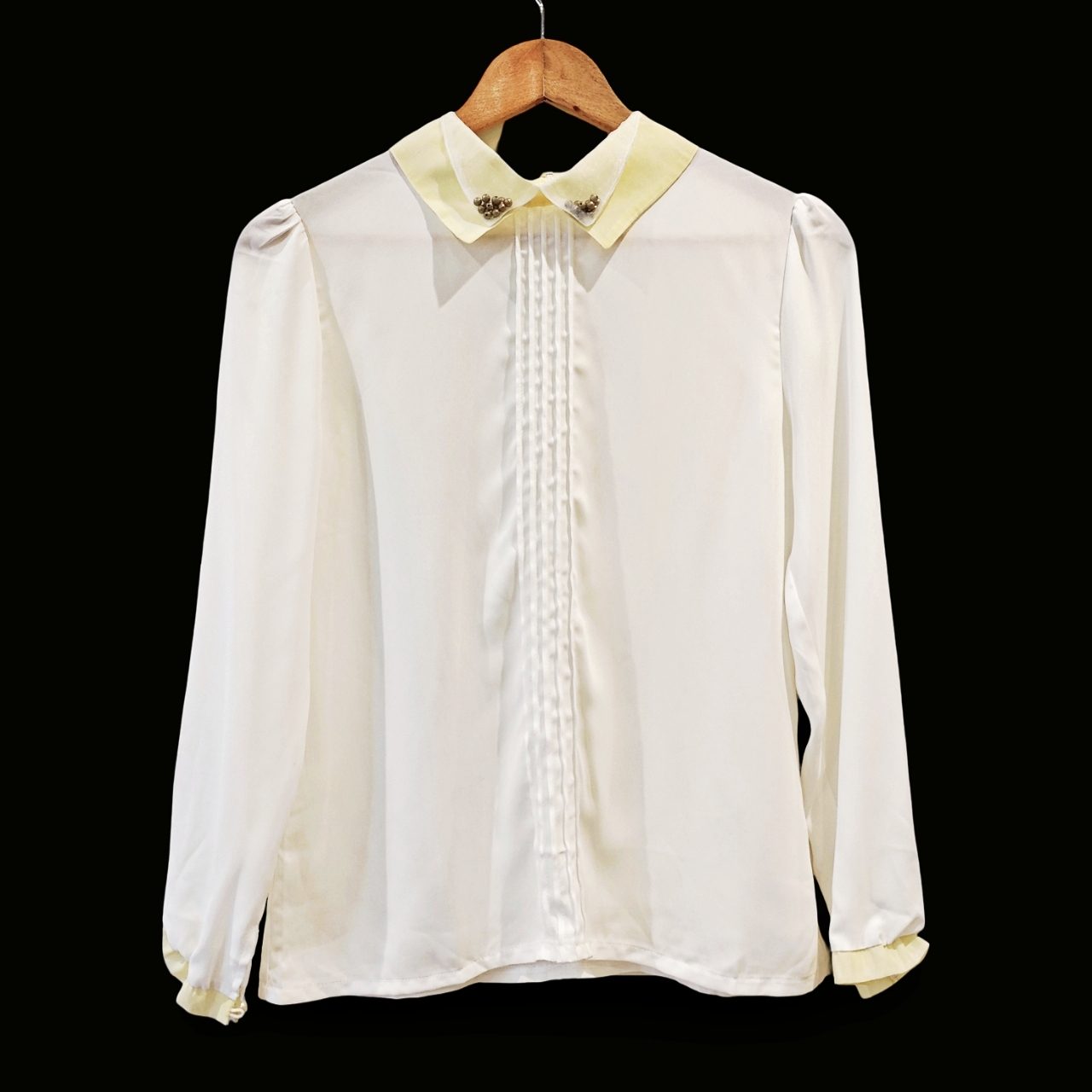 Women's White Yellow Collar Embellished Long Sleeve Blouse UK 6-8 Preppy