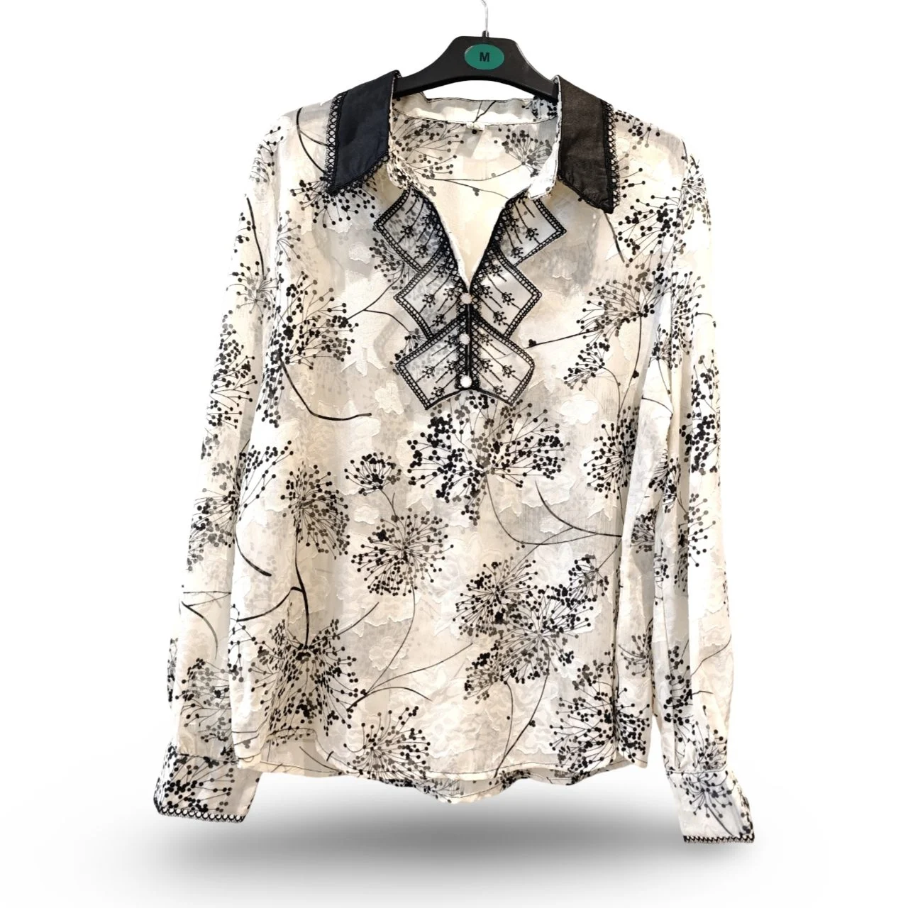 Black White Floral Blouse Lace Collar Button Front UK 10-12