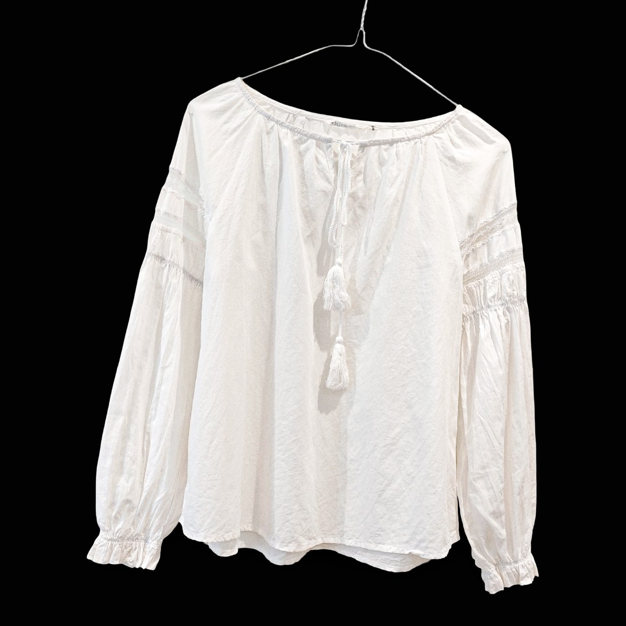 Pure Cotton White Boho Embroidered Tassel Blouse UK 6