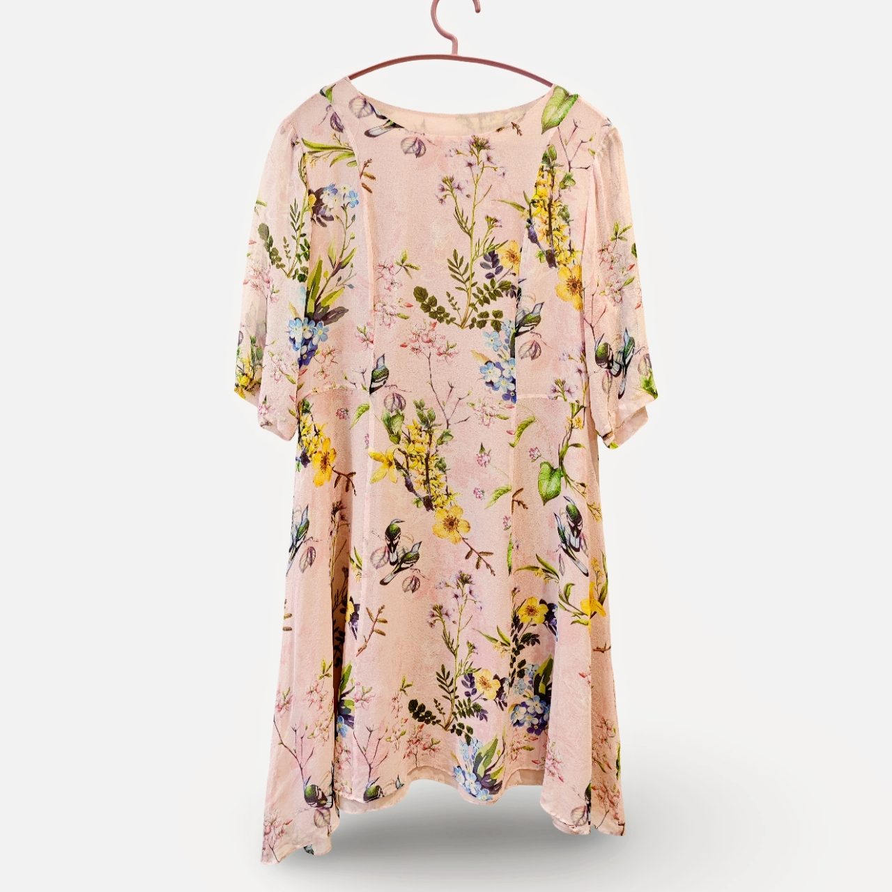 100% Mulberry Silk Pink Floral A-Line Dress UK 8-10 Vintage Knee Length