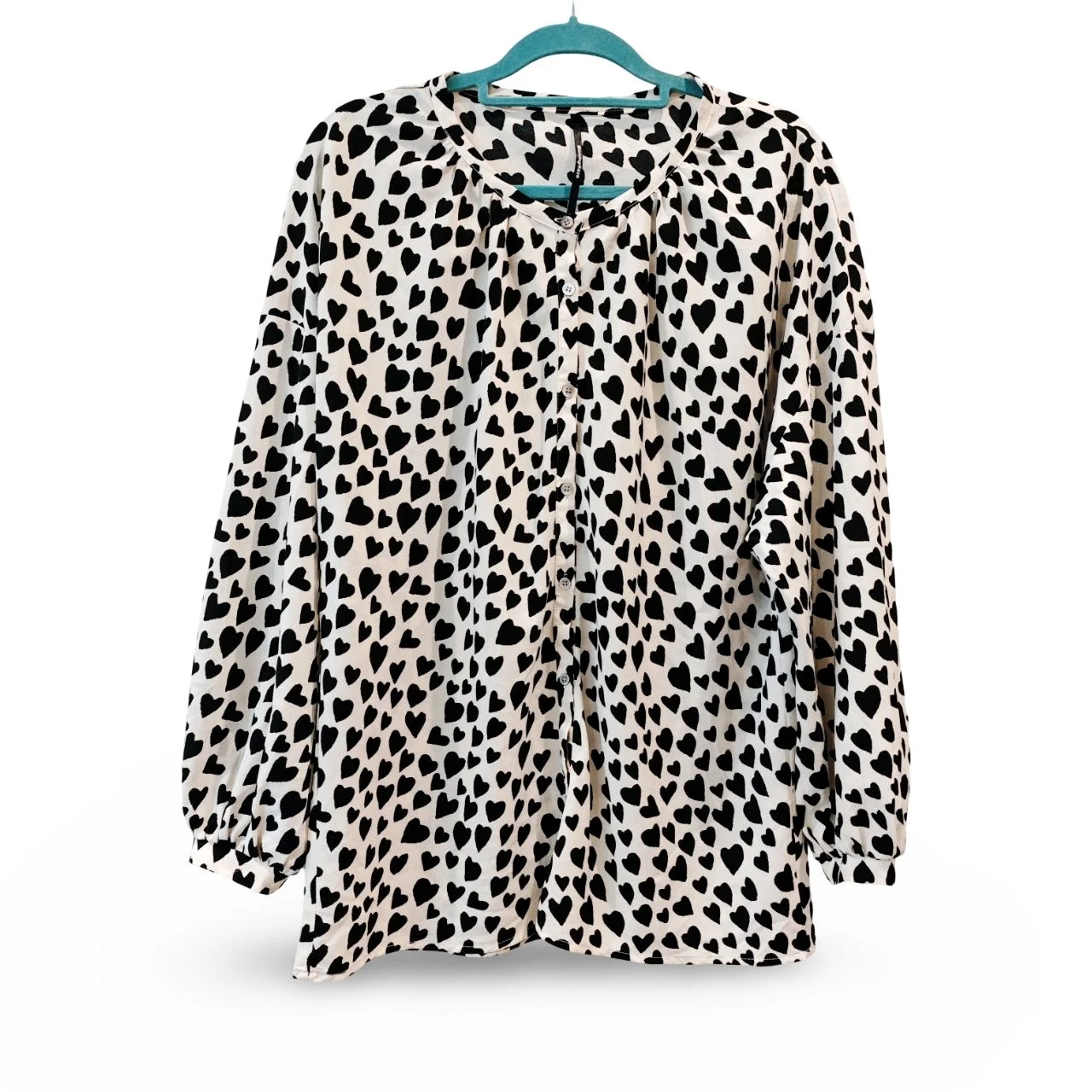 Women’s Black Heart Print White Blouse Oversized Shirt UK 12–14 New