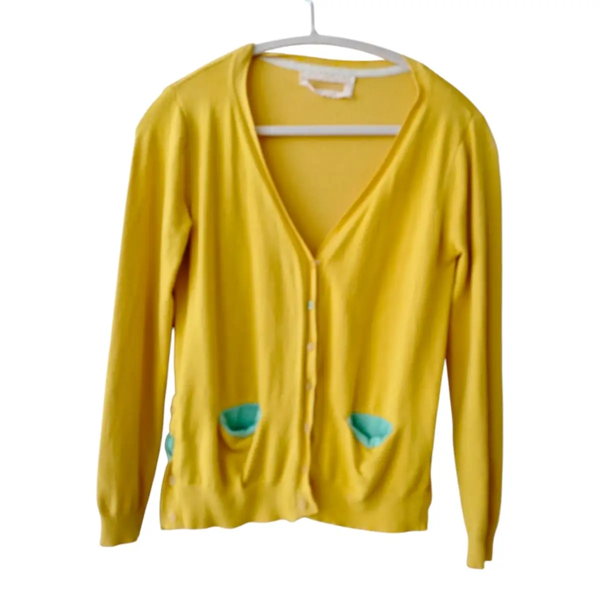 Yellow Cardigan Teal Pocket Detail Button Front UK 6-8 Preloved