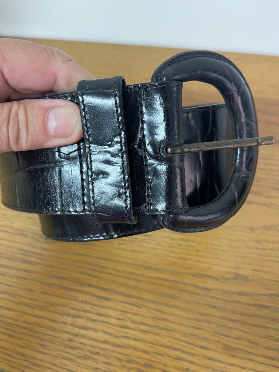 Vintage black real leather mock croc wide cinch belt, boho, retro