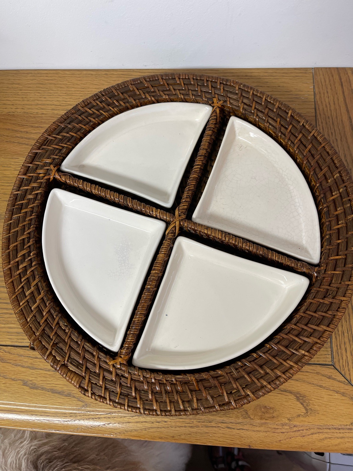 Artisanal rattan, wicker and porcelain snack, tapas serving dish