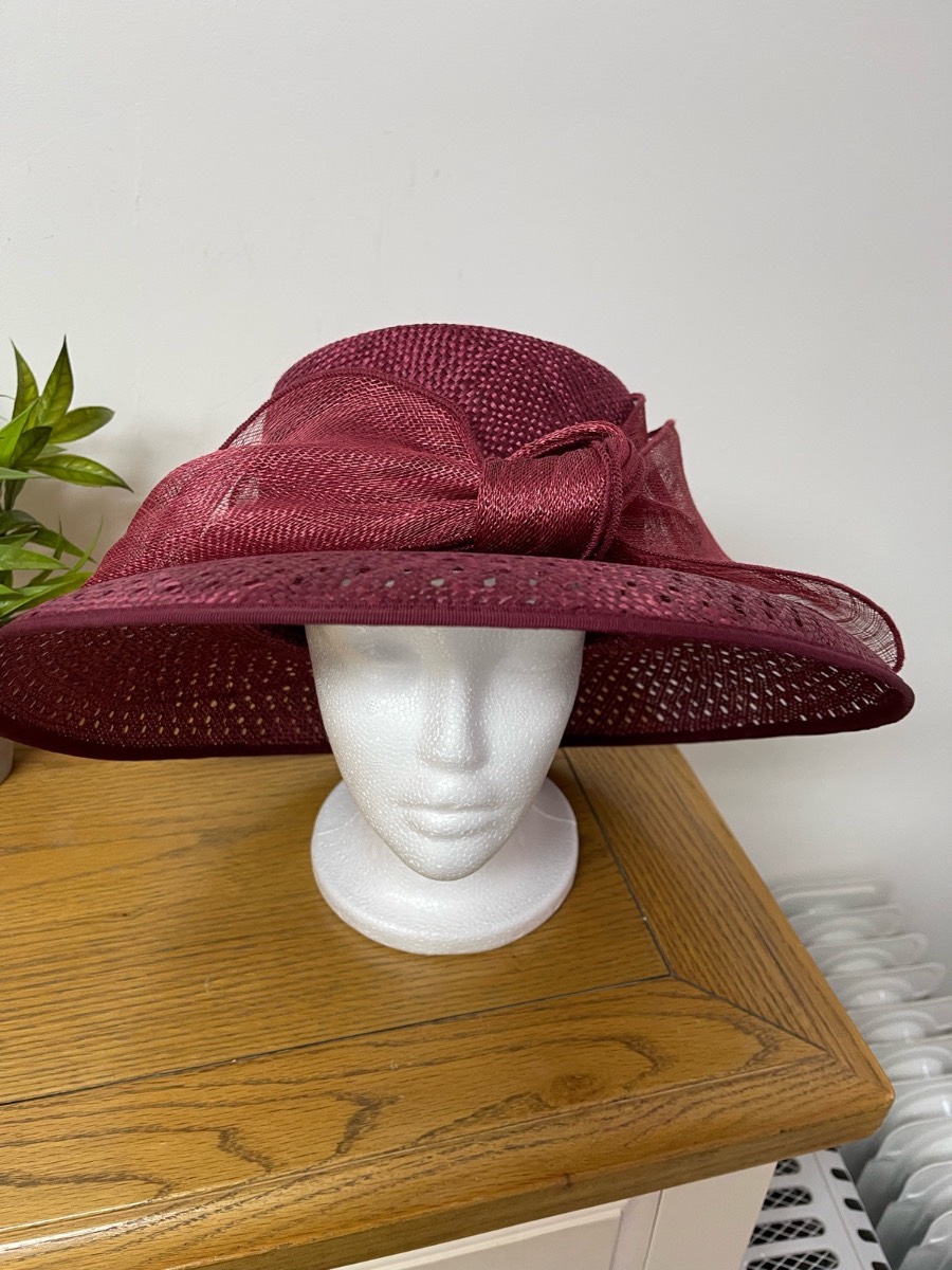 Burgundy Jaques Vert sinamey occasion hat, wedding guest, races, garden party