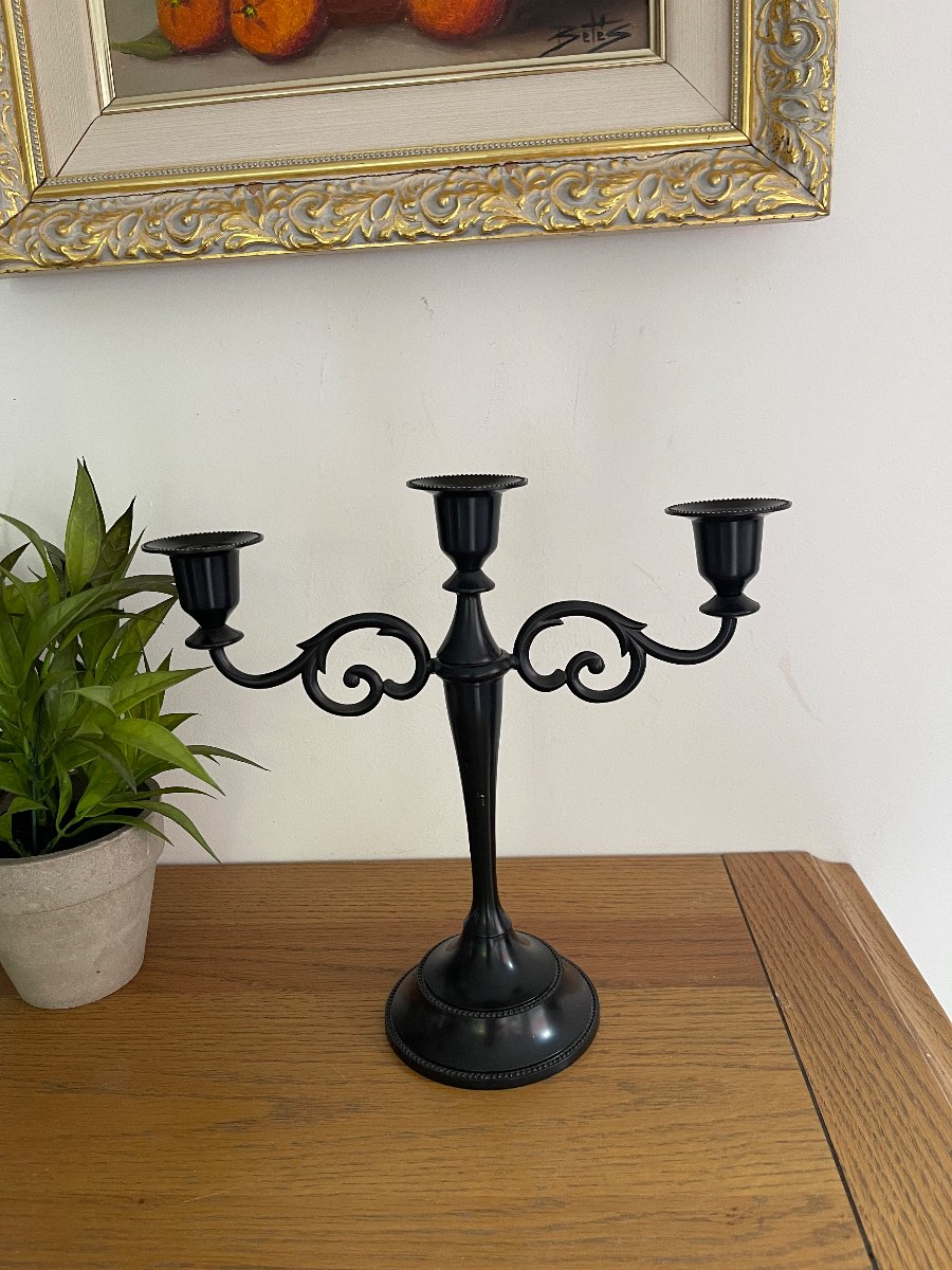 Black 3 arm candelabra, dark romantic, gothic, boho
