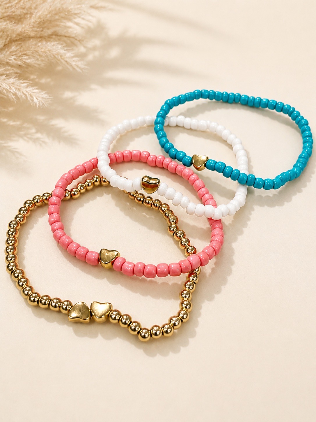Set of 4 Colourful Beaded Heart Bracelets