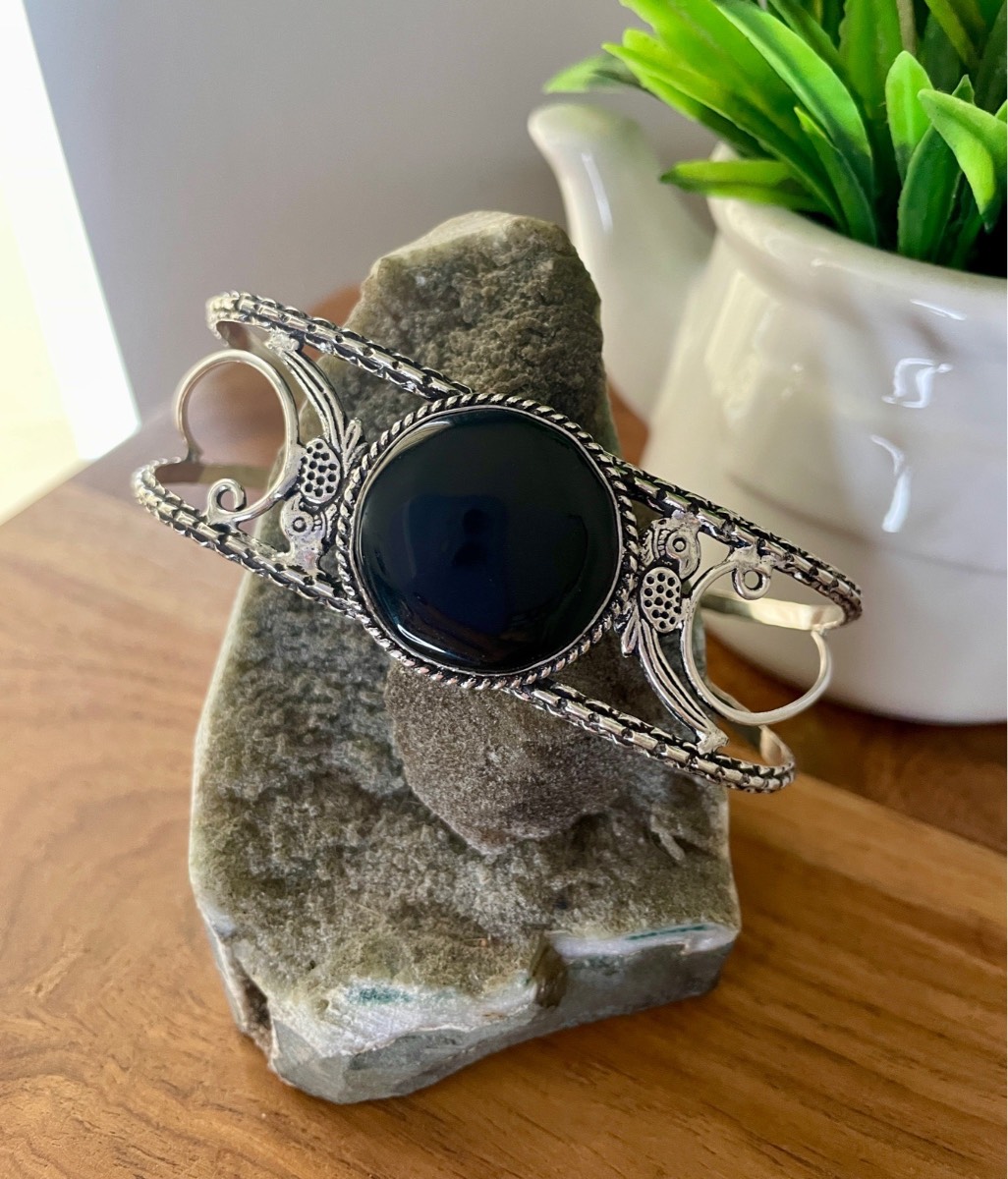 Black Onyx Silver Plated Cuff Bangle