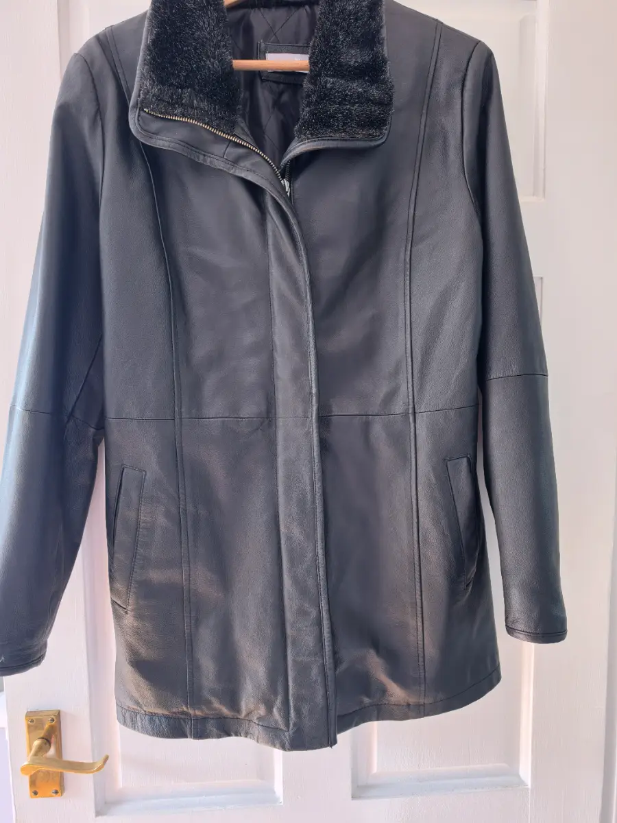 Wallis Black Leather Jacket | UK 14 | Faux Fur Collar