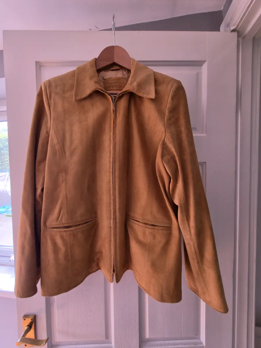 M&S Beige Suede Jacket | UK 16 | Zip Front Leather JacketS Beige Suede Jacket | UK 16 | Zip