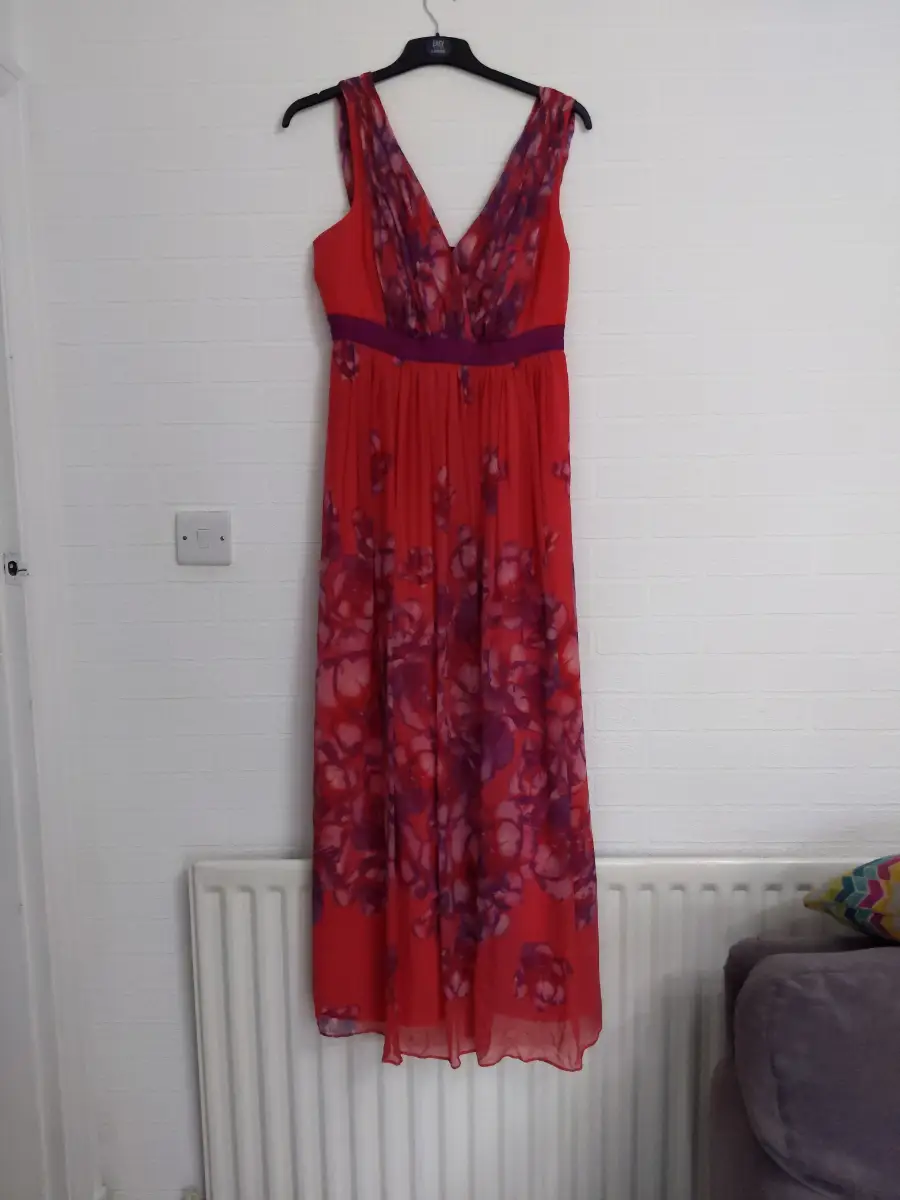Mango Suit Silk Maxi dress Size L Red Purple Chiffon