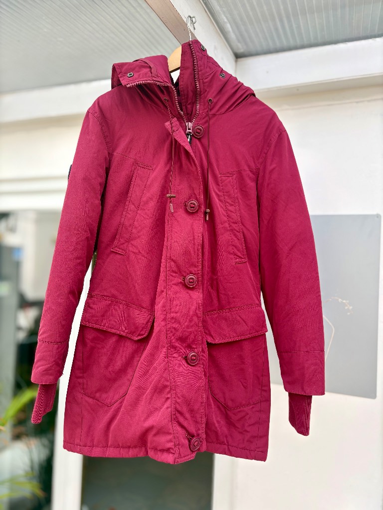Superdry International Down Jacket Coat UK 12 Burgundy Pink Hooded Parka