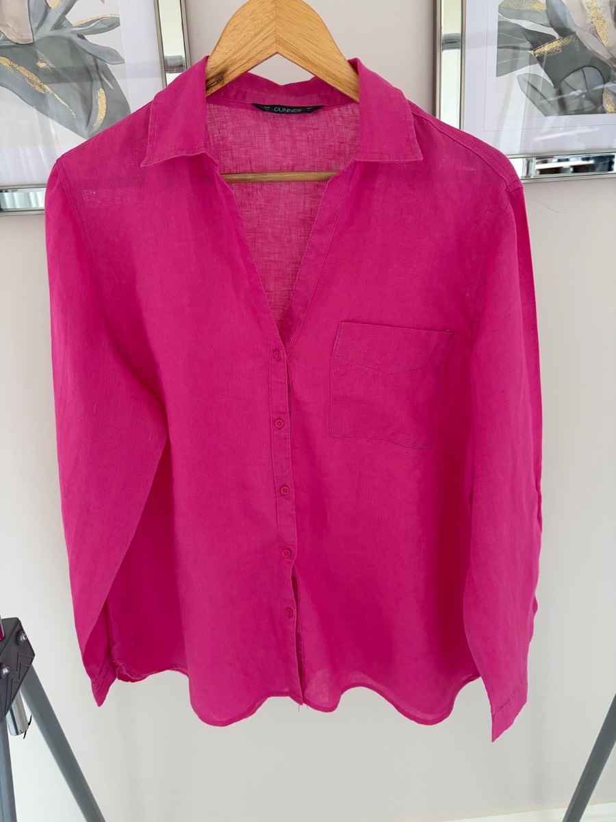Dunnes pink linen v neck button down shirt size L